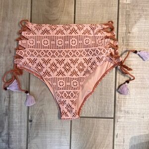 Victorias Secret Pink Crochet Lace High Waist Bikini Bottom Tassel Sides Medium